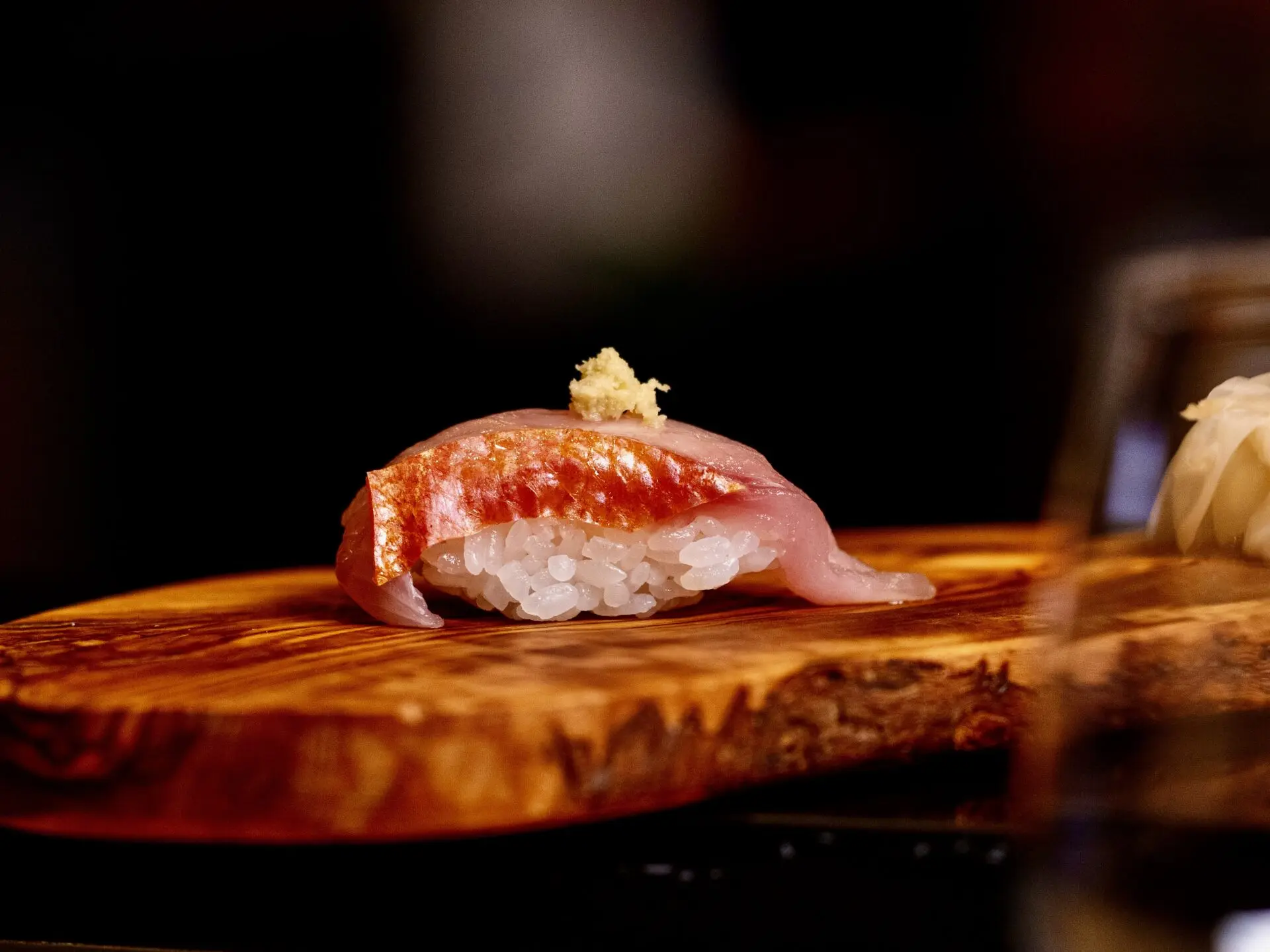 Nigiri presented at the omakase counter